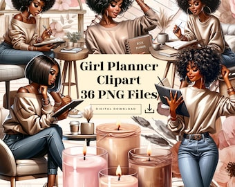 Black Girl Planner Clipart, Planner Girl Clipart,Journal Clip Art,Crafty Girl ClipArt,Black Girl Clipart,Planner Stickers,Watercolor Clipart