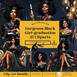 Black Women Clipart, Gorgeous Black Girl, Graduation Clipart, Watercolor Graduation Clip art, Transparent BG Clip art,Digital Download