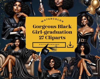 Black Women Clipart, Gorgeous Black Girl, Graduation Clipart, Watercolor Graduation Clip art, Transparent BG Clip art,Digital Download