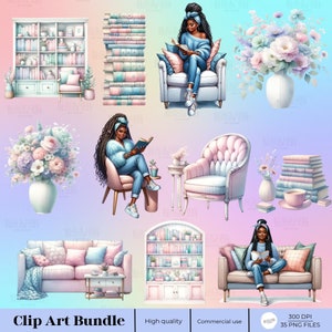 May include: A digital clip art bundle featuring illustrations of a woman reading in a chair, a woman reading on a couch, a bookshelf, a stack of books, a vase of flowers, and a couch with pillows. The illustrations are in a pastel color scheme with pink, blue, and white.