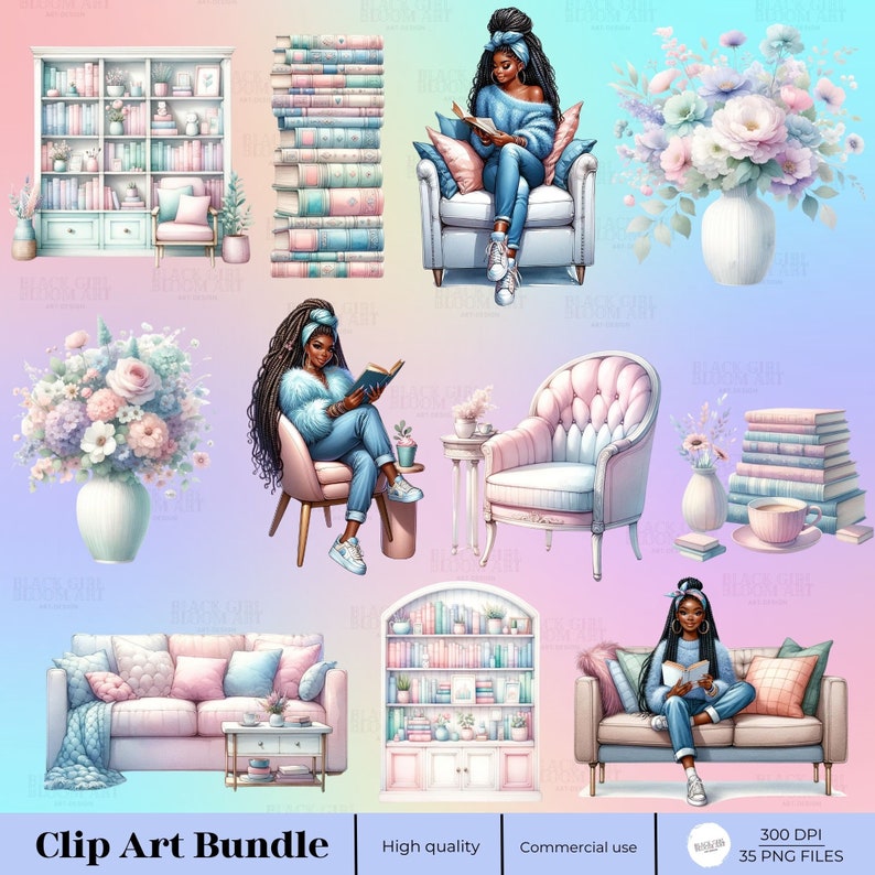 May include: A digital clip art bundle featuring illustrations of a woman reading in a chair, a woman reading on a couch, a bookshelf, a stack of books, a vase of flowers, and a couch with pillows. The illustrations are in a pastel color scheme with pink, blue, and white.