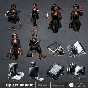 Puede incluir: Un paquete de im&aacute;genes de clip art digital que presenta ilustraciones de una mujer negra con un traje de negocios, suministros de oficina y caf&eacute;. Las ilustraciones est&aacute;n en un estilo de acuarela y son perfectas para crear planificadores digitales, gr&aacute;ficos de redes sociales y otros proyectos.