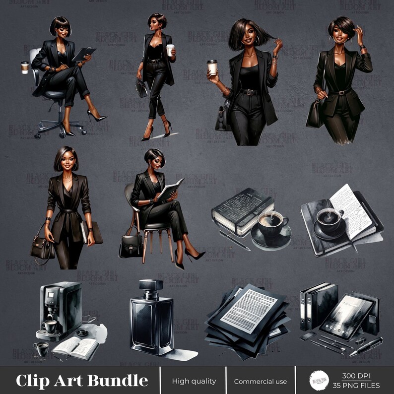 Puede incluir: Un paquete de im&aacute;genes de clip art digital que presenta ilustraciones de una mujer negra con un traje de negocios, suministros de oficina y caf&eacute;. Las ilustraciones est&aacute;n en un estilo de acuarela y son perfectas para crear planificadores digitales, gr&aacute;ficos de redes sociales y otros proyectos.