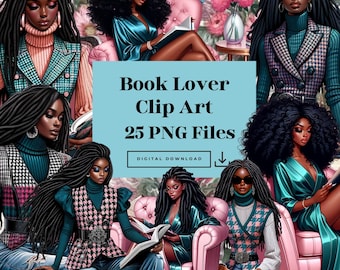 Book Lover Clipart, Watercolor Cozy Clipart, Black Woman Clipart, Books Clipart, Boss Clipart, Lady Boss Clipart