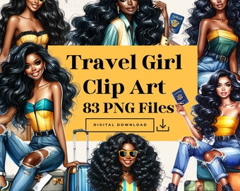 Black Girl Travel Clip art, Pegatinas del planificador, Clip art de aventura, Clip art de viaje, Clip art de vacaciones, ClipArt de acuarela, Clip Art de moda