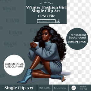 Winter Fashion Girl Clipart, Fashion Design, Black Woman Clip Art, Fashion Digital Download Stickers, Black Queen, Classy Stylish Clip Art