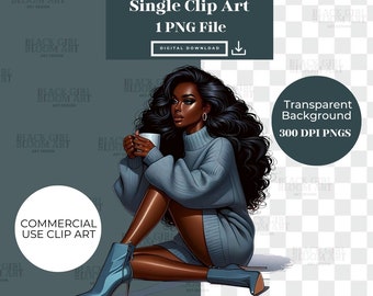 Winter Fashion Girl Clipart, Fashion Design, Black Woman Clip Art, Fashion Digital Download Stickers, Black Queen, Classy Stylish Clip Art