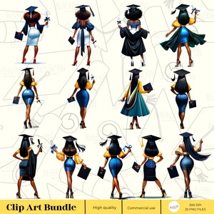 May include: Clip art bundle of 25 PNG files featuring illustrations of Black graduates in various poses wearing graduation caps and gowns. The graduates are holding diplomas and other graduation-related items. The illustrations are in a cartoon style and are set against a white background.