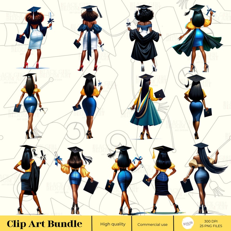 May include: Clip art bundle of 25 PNG files featuring illustrations of Black graduates in various poses wearing graduation caps and gowns. The graduates are holding diplomas and other graduation-related items. The illustrations are in a cartoon style and are set against a white background.
