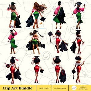 May include: Clip art bundle of 25 graduation cap PNG files featuring black women in various poses wearing graduation gowns and caps. The women are wearing different colored dresses and holding diplomas and flowers.