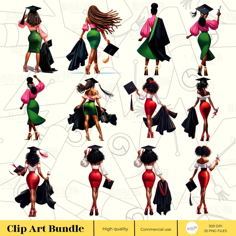 May include: Clip art bundle of 25 graduation cap PNG files featuring black women in various poses wearing graduation gowns and caps. The women are wearing different colored dresses and holding diplomas and flowers.