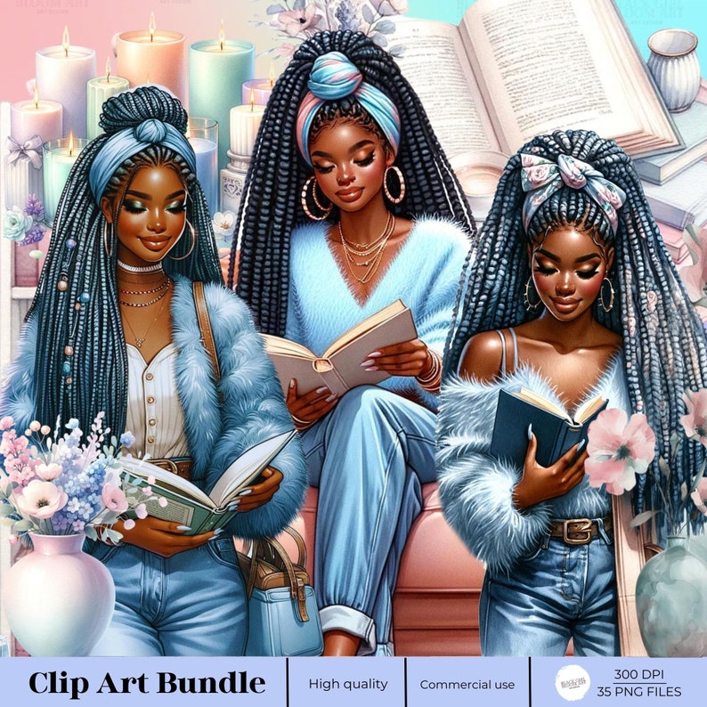May include: Three women with blue braids and blue clothing are reading books. They are sitting on a couch with candles and flowers in the background.