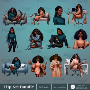 May include: A digital clip art bundle featuring illustrations of Black women in various poses and settings. The illustrations are in a cartoon style and feature a variety of outfits and accessories. The bundle includes 62 PNG files at 300 DPI.