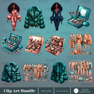 May include: A digital clip art bundle featuring a variety of images, including a woman in a pink jumpsuit, a teal puffer jacket, a makeup palette, and a woman in a blue jumpsuit. The images are all in a cartoon style and are perfect for use in digital projects.