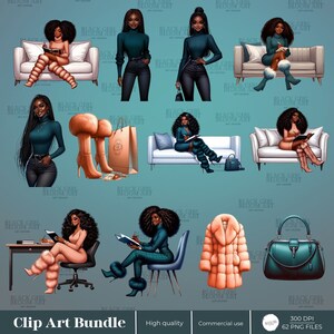 May include: A digital clip art bundle featuring illustrations of Black women in various poses and outfits. The illustrations include a woman sitting on a couch, a woman standing with a shopping bag, a woman sitting at a desk, and a woman sitting on a chair. The bundle also includes illustrations of a fur coat, a handbag, and a pair of high heels.