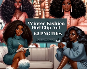 Winter Fashion Girl Clipart, Fashion Design, Black Woman Clip Art, Fashion Digital Download Stickers, Black Queen, Classy Stylish Clip Art