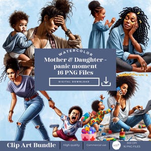 Black Girl,Mother&#39;s day Clipart, Mother and daughter Clipart,Mom panic moment, Mom and daughter bond, Mom struggles,Watercolor Mother&#39;s day