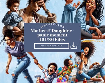 Chica negra, Clipart del Día de la Madre, Clipart de Madre e hija, Momento de pánico de mamá, Vínculo madre-hija, Luchas de mamá, Día de la Madre en acuarela