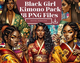 Black Girl in Kimono Clip Art, PNG Transparent, Digital Download, Travel Art Clip Art
