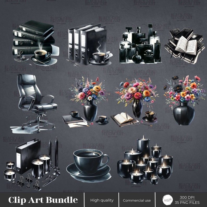 Puede incluir: Un paquete de clipart digital que incluye 35 archivos PNG en blanco y negro. Las im&aacute;genes incluyen art&iacute;culos de oficina, flores, velas y tazas de caf&eacute;. Las im&aacute;genes son de alta calidad y perfectas para uso comercial.
