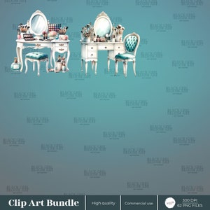 May include: A clip art bundle of two vanity sets with mirrors, chairs, and makeup accessories. The vanity sets are white with gold accents and the chairs are blue with gold accents. The background is a light blue color.