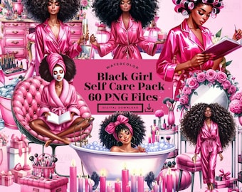 May include: Watercolor clip art bundle featuring illustrations of Black women in self-care activities. The images include women in pink robes, with face masks, and in a bathtub. The text reads "Black Girl Self Care Pack 60 PNG Files."