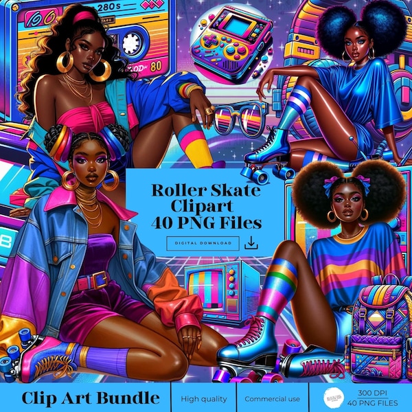 Black Girl Roller Skate Clipart,Planner Stickers,I love 80s,Retro Clipart,Black Girl, 90s Clip Art,Watercolor Clip Art, Retro 80's Clip Art,