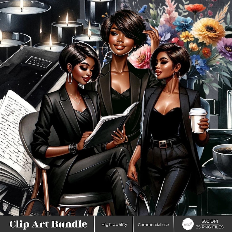 Puede incluir: Tres mujeres con atuendos negros, cabello y maquillaje oscuros. Las mujeres est&aacute;n sentadas y de pie en un entorno oscuro con velas y flores. Una mujer est&aacute; leyendo un libro, otra sostiene una taza de caf&eacute; y la tercera sostiene un bolso.