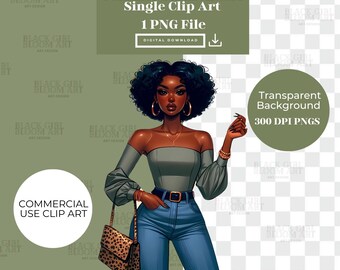 Summer Fashion Girl Clipart, Fashion Design, Black Woman Clip Art, Fashion Digital Download Stickers, Black Queen, Stylish Clip Art