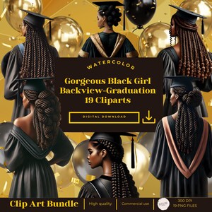 Black Girl Clip art, Gorgeous Backview Clipart,Watercolor,Graduation Girl PNG Graduation Cap Watercolor Clipart,Digital Stickers