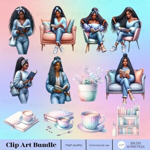 May include: A digital clip art bundle featuring illustrations of a woman with long braids reading a book in various poses. The illustrations include a woman sitting in a chair, a woman standing, and a woman sitting on a couch. The illustrations are in a cartoon style and are perfect for use in digital projects.