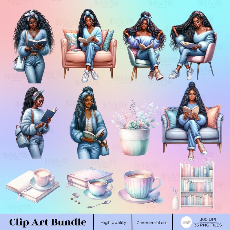 May include: A digital clip art bundle featuring illustrations of a woman with long braids reading a book in various poses. The illustrations include a woman sitting in a chair, a woman standing, and a woman sitting on a couch. The illustrations are in a cartoon style and are perfect for use in digital projects.