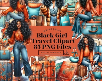 Black Girl Travel Clip art, Pegatinas del planificador, Clip art de aventura, Clip art de viaje, Clip art de vacaciones, Clip Art de acuarela, ClipArt de moda