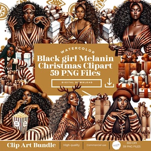 Czarna dziewczyna świąteczna clipart, Akwarela Boże Narodzenie Clipart, Melanina Boże Narodzenie, Czarna dziewczyna Boże Narodzenie, Pakiet świąteczny, Melanina Świąteczny clipart