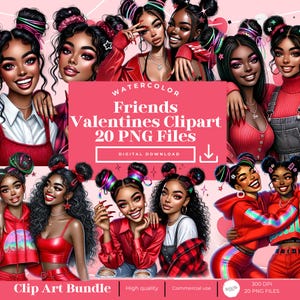Friends Valentines Day Clip Art, Black Women, Planner Stickers, Valentines day PNG,Best Friends,Love,Watercolor Valentine,Transparent Png