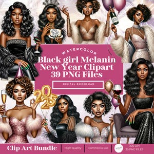 Czarna dziewczyna noworoczna clipart, Akwarela Nowy Rok Clipart, Melanina Nowy Rok, Noworoczna czarna dziewczyna, Pakiet noworoczny, Melanina Holiday clipart