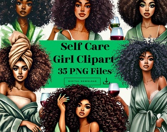 May include: Digital clipart bundle featuring illustrations of women with curly hair, wearing robes and holding wine glasses. The text on the image reads "Self Care Girl Clipart, 35 PNG Files, Digital Download, Clip Art Bundle, High quality, Commercial use."