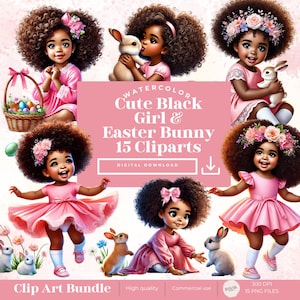 May include: Watercolour clipart set of 15 images featuring a Black girl with curly hair and a pink dress, holding an Easter bunny. The girl is wearing a flower crown in some images. The text "WATERCOLOR Cute Black Girl & Easter Bunny 15 Cliparts DIGITAL DOWNLOAD" is at the top of the image.