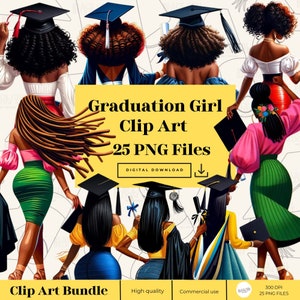 May include: A digital clip art bundle of 25 PNG files featuring illustrations of Black graduates wearing caps and gowns. The text "Graduation Girl Clip Art 25 PNG Files" is displayed on a yellow background.