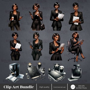 Puede incluir: Paquete de im&aacute;genes predise&ntilde;adas que incluye 35 archivos PNG de una mujer negra en varias poses, incluyendo sentada, de pie y trabajando en una computadora port&aacute;til. Las im&aacute;genes son de alta calidad y aptas para uso comercial. El paquete tambi&eacute;n incluye im&aacute;genes de art&iacute;culos de oficina, como una cafetera, velas y una libreta.