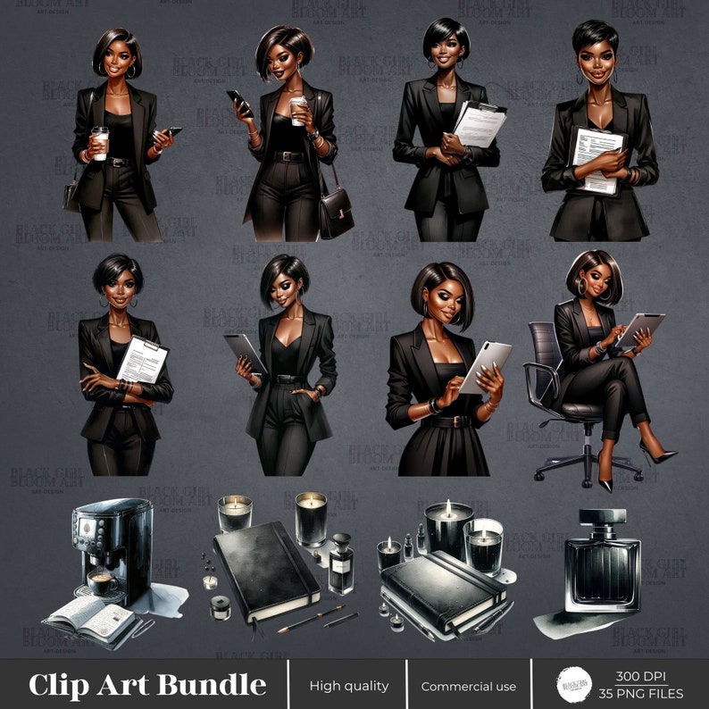 Puede incluir: Paquete de im&aacute;genes predise&ntilde;adas que incluye 35 archivos PNG de una mujer negra en varias poses, incluyendo sentada, de pie y trabajando en una computadora port&aacute;til. Las im&aacute;genes son de alta calidad y aptas para uso comercial. El paquete tambi&eacute;n incluye im&aacute;genes de art&iacute;culos de oficina, como una cafetera, velas y una libreta.