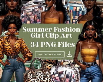Summer Fashion Girl Clipart, Fashion Design, Black Woman Clip Art, Fashion Digital Download Stickers, Black Queen, Stylish Clip Art