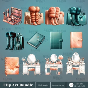 May include: A digital clip art bundle featuring 62 high-quality PNG files. The images include a vanity set with a mirror, a makeup palette, a pair of boots, a pair of heeled shoes, a pair of knee-high boots, and three different types of journals. The images are all in a watercolor style and are perfect for use in digital scrapbooking, card making, and other creative projects.
