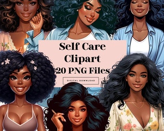 May include: A digital clipart bundle of 20 PNG files featuring illustrations of Black women with different hairstyles and expressions. The text "Self Care Clipart" and "20 PNG Files" is displayed on a pink background.