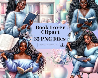 Clipart per gli amanti dei libri, Clipart ad acquerello, Clipart donna nera, Clipart di libri, Clipart caffè, Adesivi Planner, Clipart di lettura, Regali per gli amanti dei libri