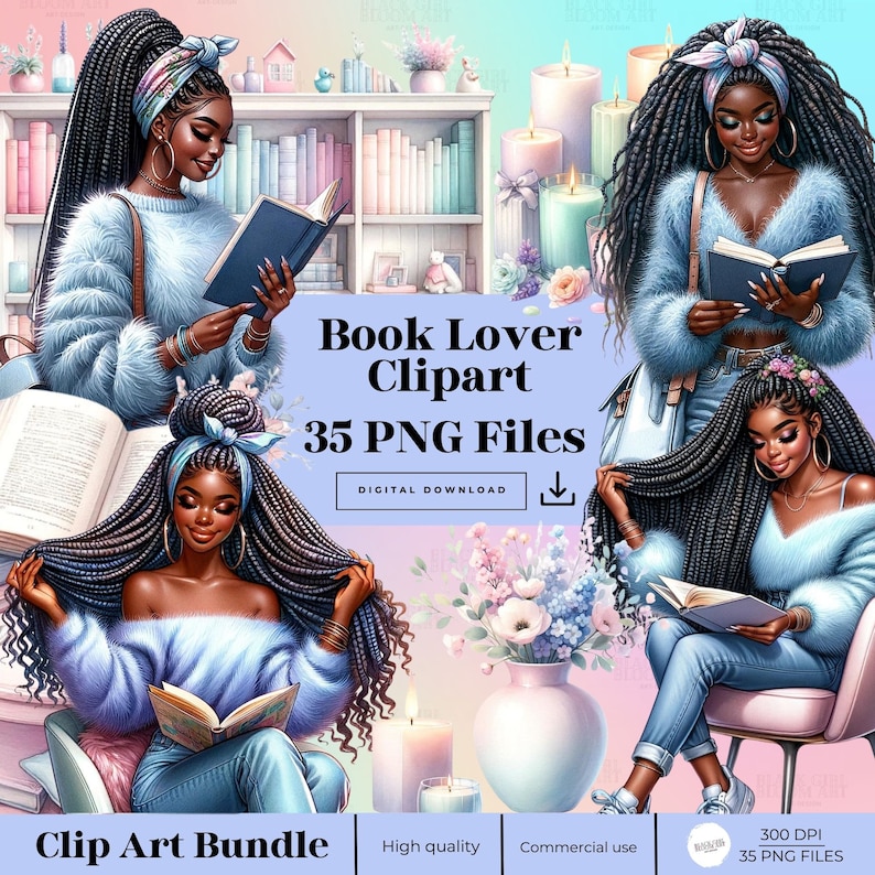 May include: A digital clipart bundle of 35 PNG files featuring three illustrations of women with long braids reading books. The women are wearing blue sweaters and jeans. The background features a bookshelf, candles, and flowers.