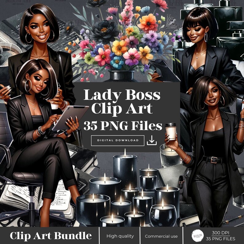 Puede incluir: Un paquete de im&aacute;genes de clip art digital que presenta una ilustraci&oacute;n en blanco y negro de una mujer con un traje de negocios. La ilustraci&oacute;n est&aacute; rodeada de velas negras, un ramo de flores y una taza de caf&eacute;. El texto "Lady Boss Clip Art 35 PNG Files" se muestra en el centro de la imagen.