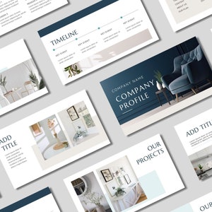 May include: A presentation slide deck with a blue and white color scheme. The slides feature images of interior design projects, a timeline, and a company profile. The text on the slides includes "Company Profile", "Our Projects", "Add Title", and "Our Vision".