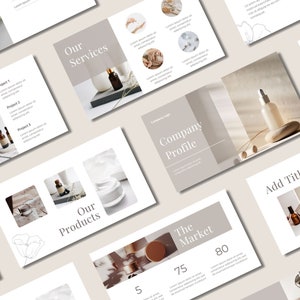 Pode incluir: Um baralho de slides de apresentação com um design minimalista que apresenta imagens de produtos para o cuidado da pele e texto sobre serviços, produtos, o mercado e o perfil da empresa. O texto inclui as palavras "Nossos serviços", "Nossos produtos", "O mercado", "Perfil da empresa" e "Adicionar título".