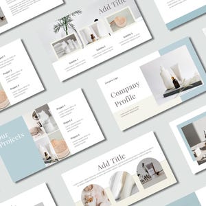 May include: A presentation template with a light blue and white color scheme. The template features images of various products, including bottles, jars, and other beauty products. The text "Our Projects" and "Company Profile" are visible on the slides.